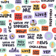 Blogging or vlogging stickers, slogans, lettering and portraits seamless pattern for textile, wrapping paper and other.