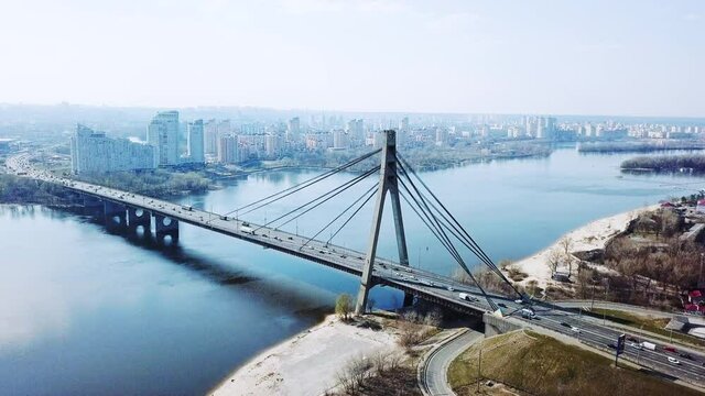 North  (ex Moscow) bridge acros Dnipro river in Kyiv, Ukraine, Aerial shot from drone