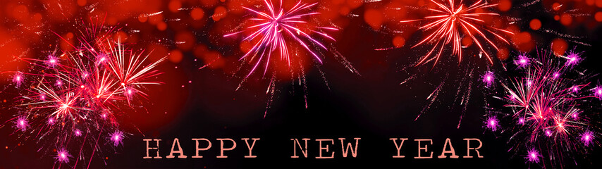 HAPPY NEW YEAR - Festive silvester background panorama banner long - Firework on red texture with...