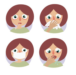 Vector set of illustrations. Woman shows symptoms of illness, flu, runny nose. Measures temperature and puts on a protective mask