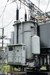 Power transformer at the electrical substation. Power engineering. Industry