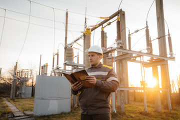The energy engineer inspects the equipment of the substation. Power engineering. Industry