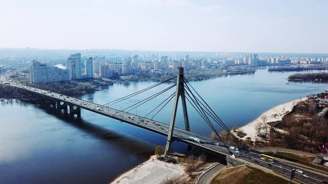 North  (ex Moscow) bridge acros Dnipro river in Kyiv, Ukraine, Aerial shot from drone