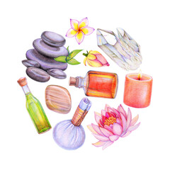 Obraz na płótnie Canvas Colored pencils illustration with lotus, plumeria, hot stones, candle, essential oil, thai ball and healing crystals. Spa massage accessories circle background. Body care and treatment concept
