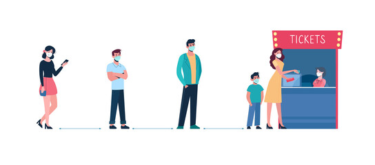 People in medical masks keep their distance when they stand in line at cinema's ticket office. Vector. Social safe distance so as not to spread virus, coronavirus COVID19. Men, women buy movie tickets