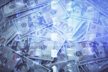 Double exposure of data theme drawing over us dollars bill background. Technology concept.