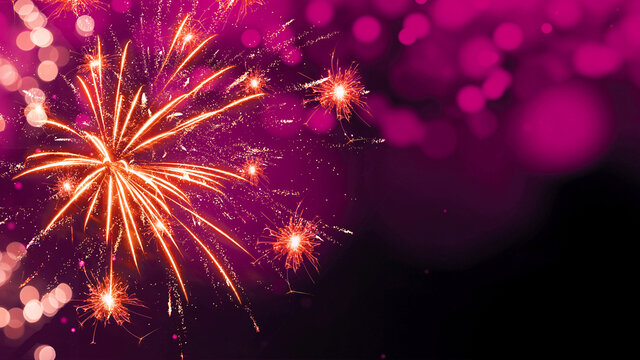Abstract festive Silvester Party celebration background - Pink golden firework on pink texture with bokeh lights and space for text