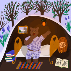 bear wakes up in a den after hibernation. Colorful vector illustration with a cute bear waiting for spring. cartoon grizzly yawns