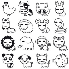 Icon-style Straight face animals set(Line Drawings)