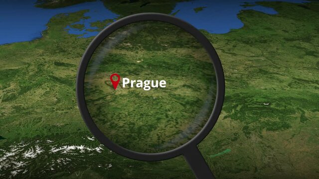 Loupe finds Prague city on the map 3d