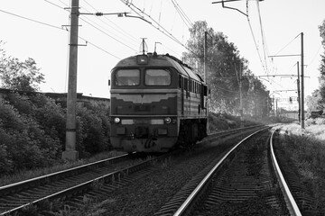 Fototapeta na wymiar Train on the railway black and white
