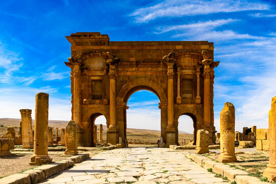 Trajan's Arch of Timgad, a Roman-Berber city in the Aures Mountains of Algeria. (Colonia Marciana Ulpia Traiana Thamugadi). UNESCO World Heritage Site