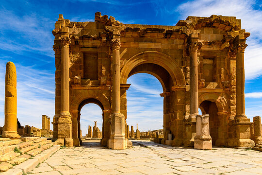 Timgad, a Roman-Berber city in the Aures Mountains of Algeria. (Colonia Marciana Ulpia Traiana Thamugadi). UNESCO World Heritage Site