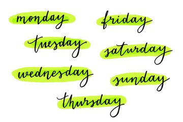 vector hand lettering weekday names on white