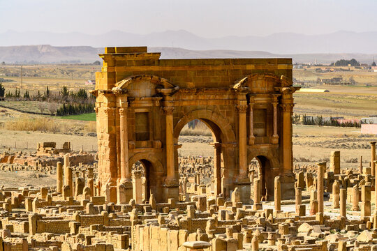 Trajan's Arch of Timgad, a Roman-Berber city in the Aures Mountains of Algeria. (Colonia Marciana Ulpia Traiana Thamugadi). UNESCO World Heritage Site