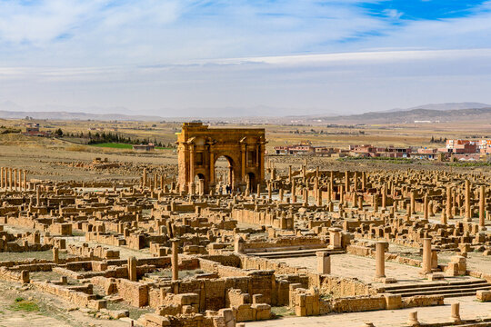 Panorama of Timgad, a Roman-Berber city in the Aures Mountains of Algeria. (Colonia Marciana Ulpia Traiana Thamugadi). UNESCO World Heritage Site