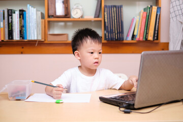 Asian little schoolboy kid using laptop computer studying homework during his online lesson at home, Kindergarten closed during the Covid-19 health crisis, Distance learning, homeschooling concept