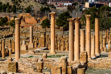 Columns of Timgad, a Roman-Berber city in the Aures Mountains of Algeria. (Colonia Marciana Ulpia Traiana Thamugadi). UNESCO World Heritage Site