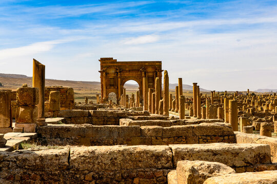 Timgad, a Roman-Berber city in the Aures Mountains of Algeria. (Colonia Marciana Ulpia Traiana Thamugadi). UNESCO World Heritage Site