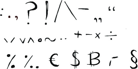 Vector special font characters handwrite dot coma exclamation question dollar euro bitcoin marks