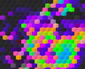 neon green magenta purple cyan geometric shapes abstract background 3D illustration