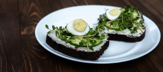 sandwiches with microgreens, cucumber and quail eggs on a white plate. kind of sunlight. Healthy diet. Feed option. young sprouts of radish and red cabbage. horizontal photography
