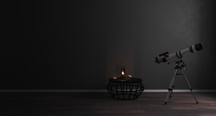 Telescope near window in modern dark room interior background, mock up, astronomy concept, 3d rendering 