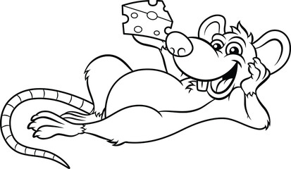 Vector Cartoon Happy Rat With Cheese Line Art