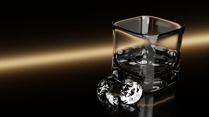 Diamonds next to glass with soft golden light over black background