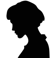 Fototapeta na wymiar Black illustration of a proilu woman with short hair to the shoulder,male profile picture, silhouette. Of the page. Profile, black illustration, fashion and business 