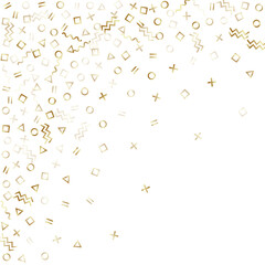 Memphis style geometric confetti vector background of triangle circle square shapes, chevron wavy lines.