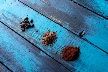 coffee beans ground coffee turkish coffee espresso on top view blue wooden table