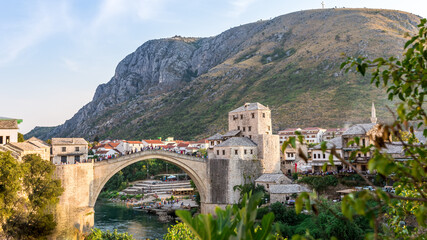 Fototapeta na wymiar Mostar, Bosnia and Herzegovina. View of the city and the old bridge.