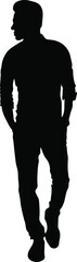 Man with hands in pockets, black illustration,male profile picture, silhouette. Of the page. Profile, black illustration, fashion and business	