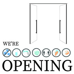 REOPENING text and practical prevention tips for the prevention of COVID19 coronavirus contamination. Service, restaurant, shop and cafe re-opening. Template: door sign, banner, blog.
