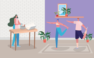Woman cartoon cooking and couple doing exercise design of Stay at home and activities theme Vector illustration