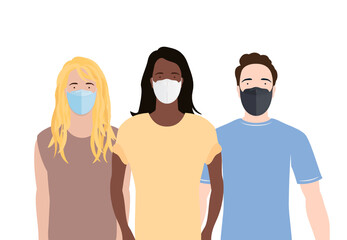 Group of Man and Women Wearing Face Mask Protecting From Germs and Virus Vector Illustration Background