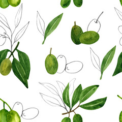 Olives seamless pattern with olive branches and fruits for Italian cuisine design or extra virgin oil food or cosmetic product packaging wrapper. Hand drawn Illustration in watercolor and pencil.