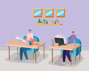 Men cartoons with laptop and computer on desk design of Stay at home and activities theme Vector illustration
