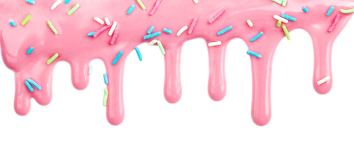 Pink dripping frosting icing with colorful sprinkles isolated on white background - 358670359