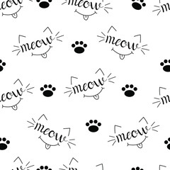Funny seamless pattern with handwritten text Meow, cat whiskers, ears, paw, smile and 
tongue on white background. Hand drawn black vector illustration.