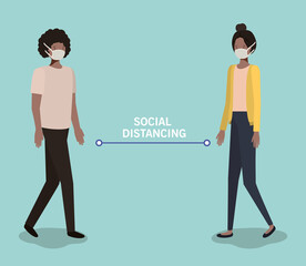 Obraz premium Social distancing between boy and girl with masks design of Covid 19 virus theme Vector illustration