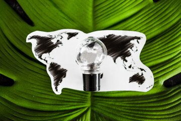 ideas for ecology and the environment concept, lightbulb and world map on top of tropical leaf