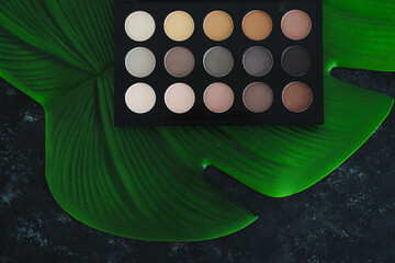 natural ingredients in cosmetics, neutral tones eyeshadow palette on tropical leaf