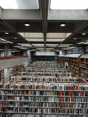 Overlooking the countless books in the book stacks in the basement of a library 