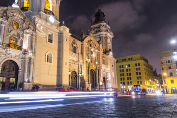 Fototapeta na wymiar Night view of Lima main square and cathedral church.