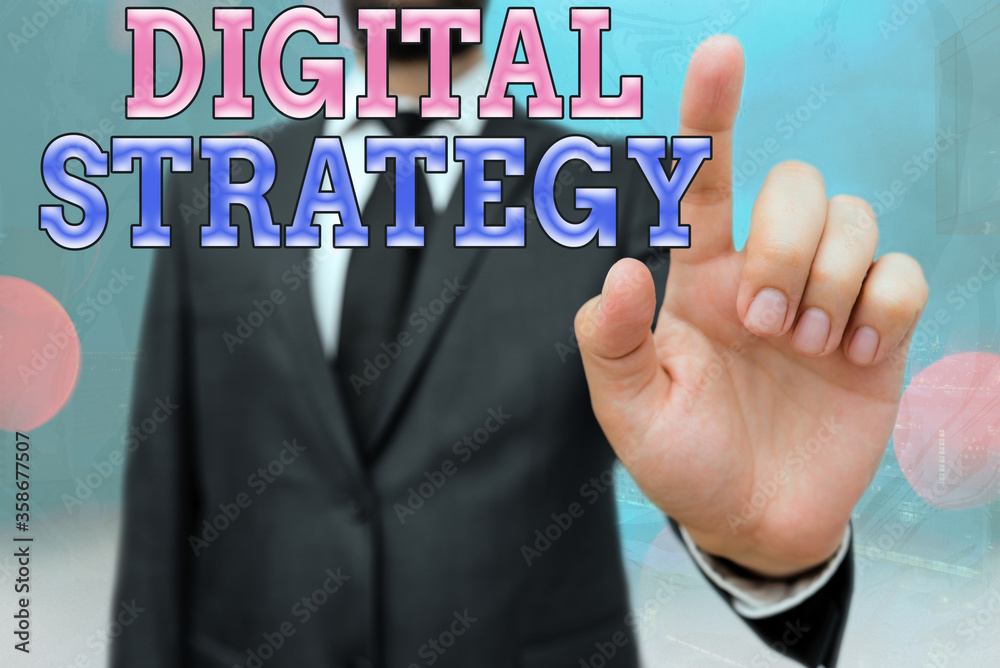 Poster writing note showing digital strategy. business concept for focuses on using technology to improve b