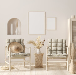 Mock up frame in home interior background, beige room with natural wooden furniture, 3d render