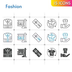 fashion icon set. included sale, shirt, discount, jacket icons on white background. linear, bicolor, filled styles.