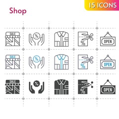 shop icon set. included shop, shirt, voucher, discount, open icons on white background. linear, bicolor, filled styles.